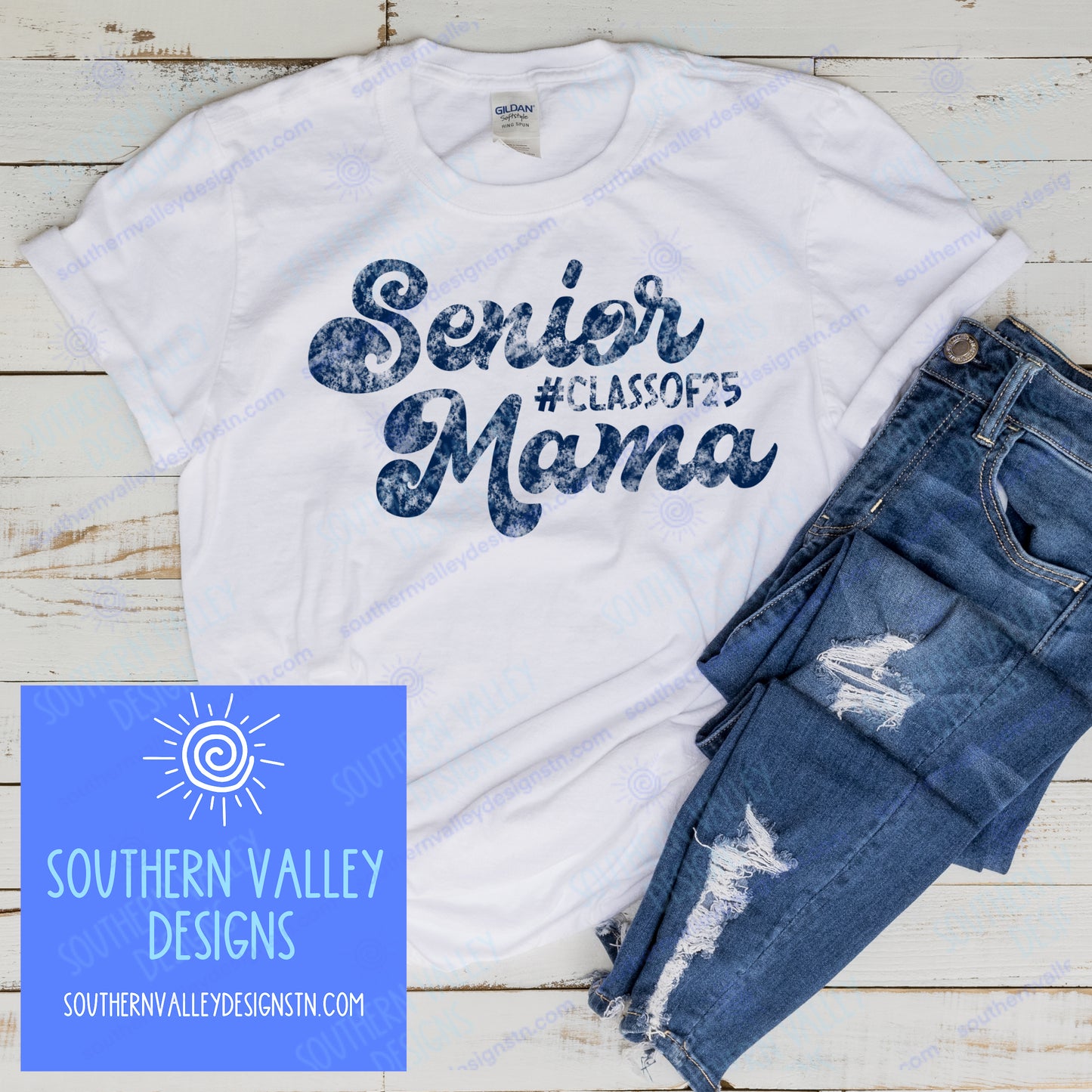 Senior Mama Class of 2025 Design in Navy on white or grey shirt