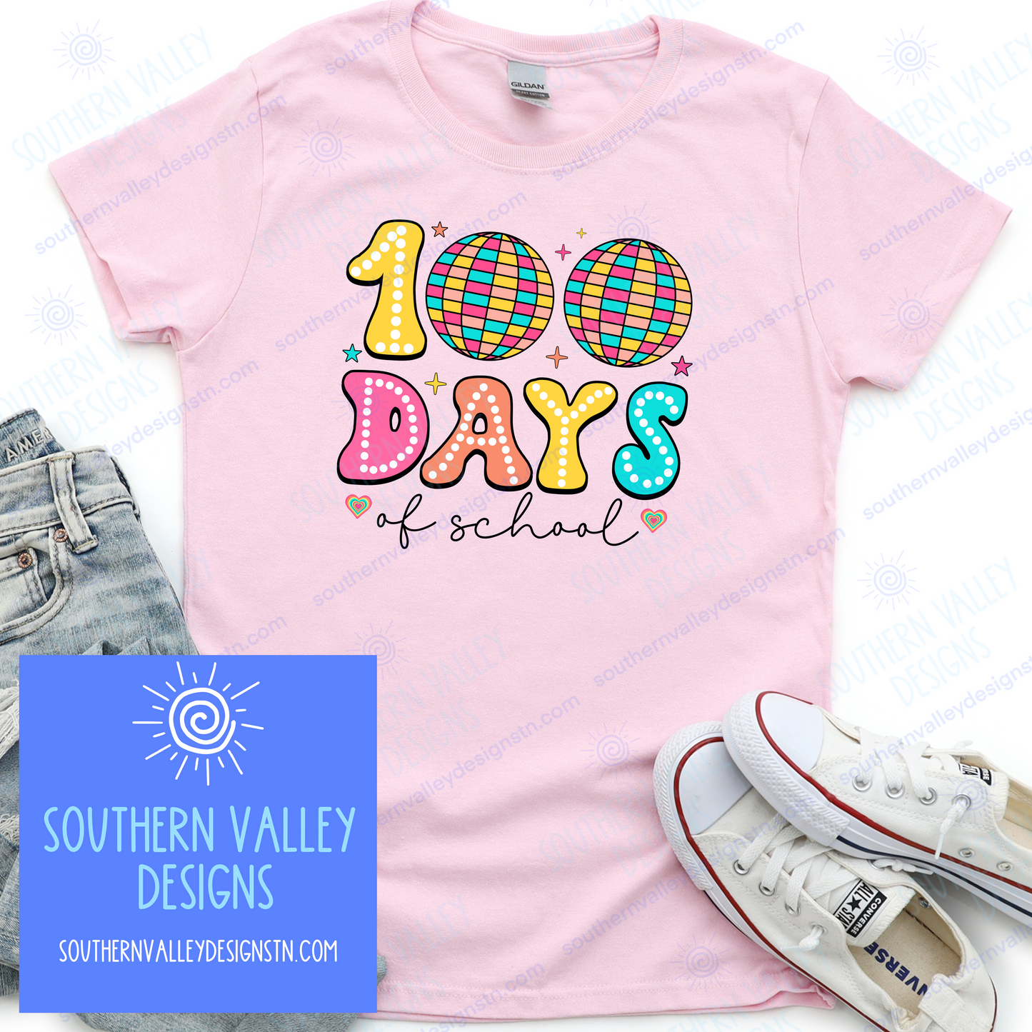 100th Day of School Disco Shirt Pink or White on Basic t-shirt