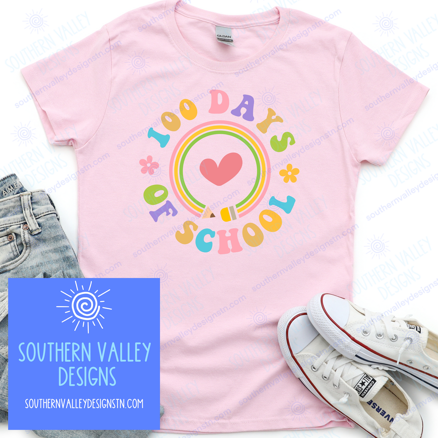 100th Day of School Pencil Circle Design on Pink or White basic t-shirt